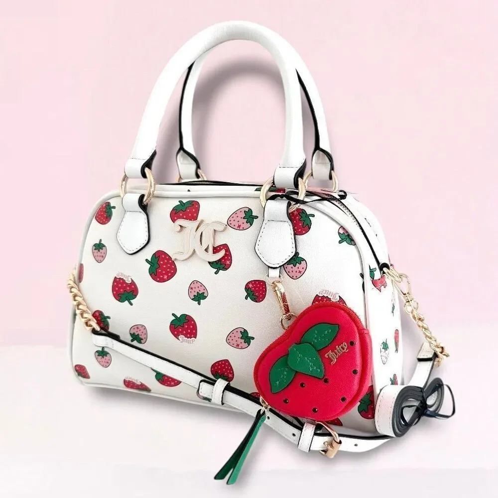 Juicy Couture White Sweet n Juicy LARGE Bowler Bag Satchel Strawberry Coin Purse